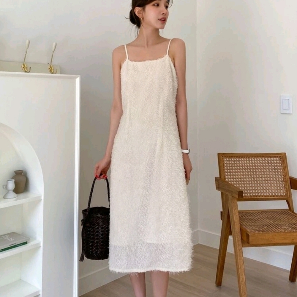 Cream White Zip Back Fuzzy Cami Midi Dress (size M)